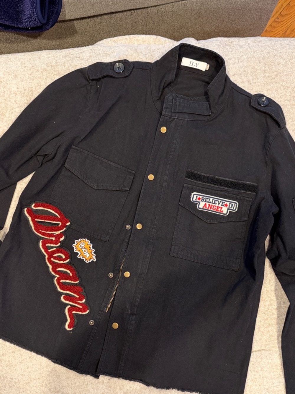 NWOT Black Military-Style Patch Jacket with 'Dream' Embroidery